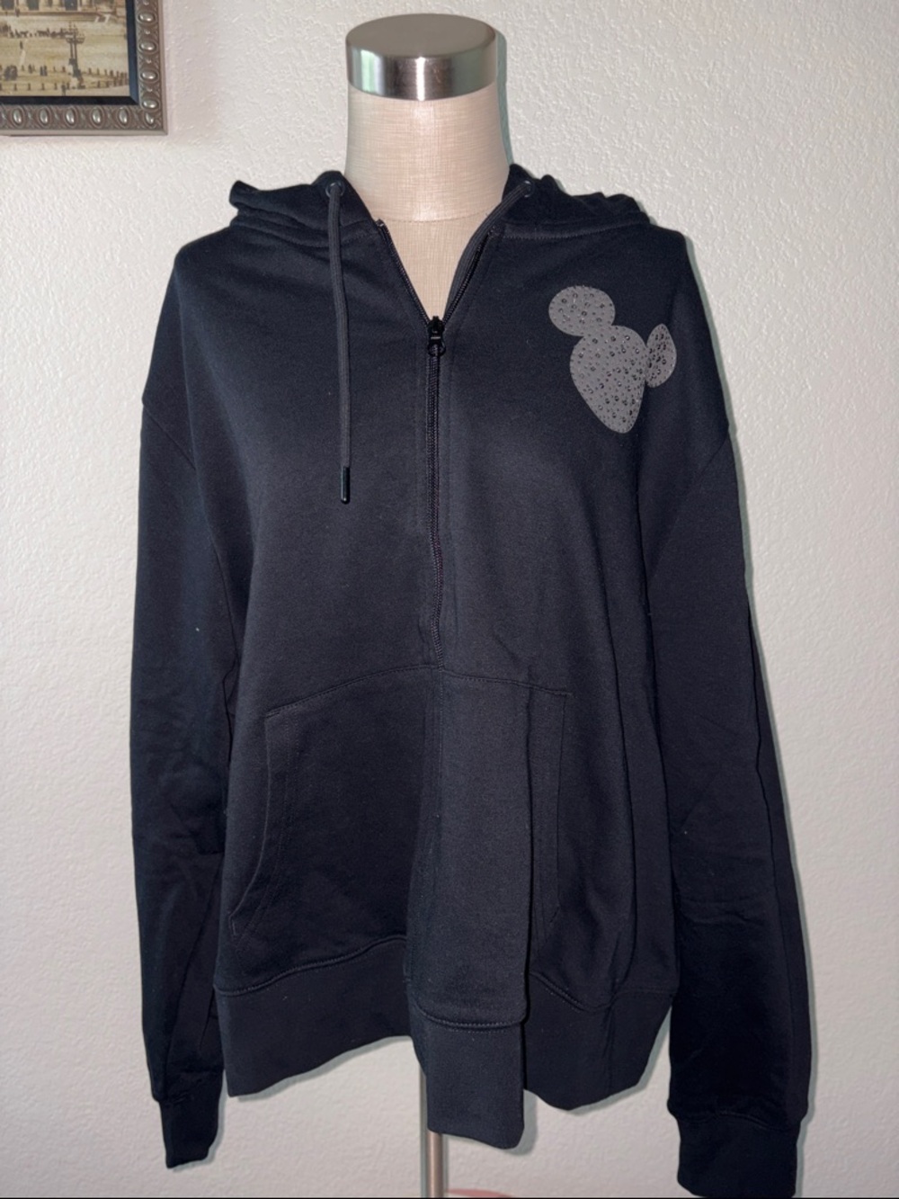 Disney Black Hoodie with Gray Speckled Mouse Emblem